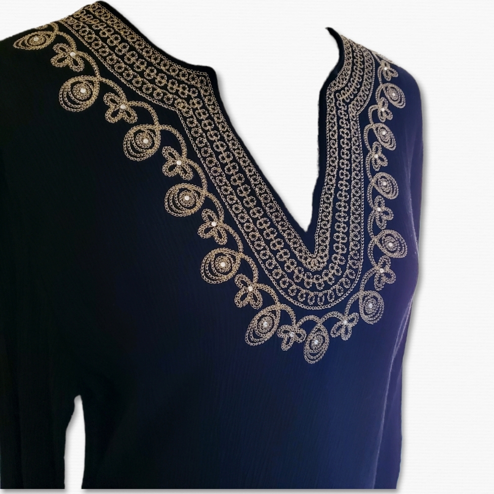Cathy Daniels Filigree Rhinestone Black Tunic Top with 3/4 Sleeve Sz M